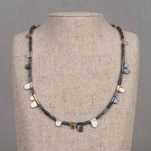 Collier natural Hematiet + flapjes zilver + Goldfilled