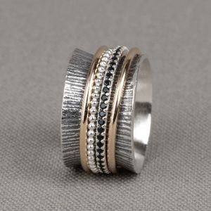 Ring Silber + Goldfilled + Schwarzer Zirkonia