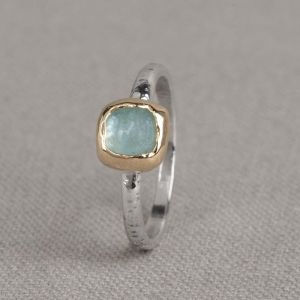 Ring Silber + 9 Karat Quadrat + Aquamarin