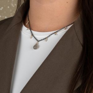 Collier zilver oxy + verguld Ruwe diamant + Grijze Maansteen
