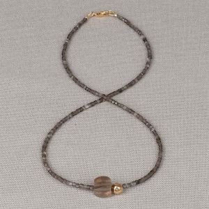 Halskette Duo Edelsteine Silber Obsidian + Rauchquarz Goldfilled