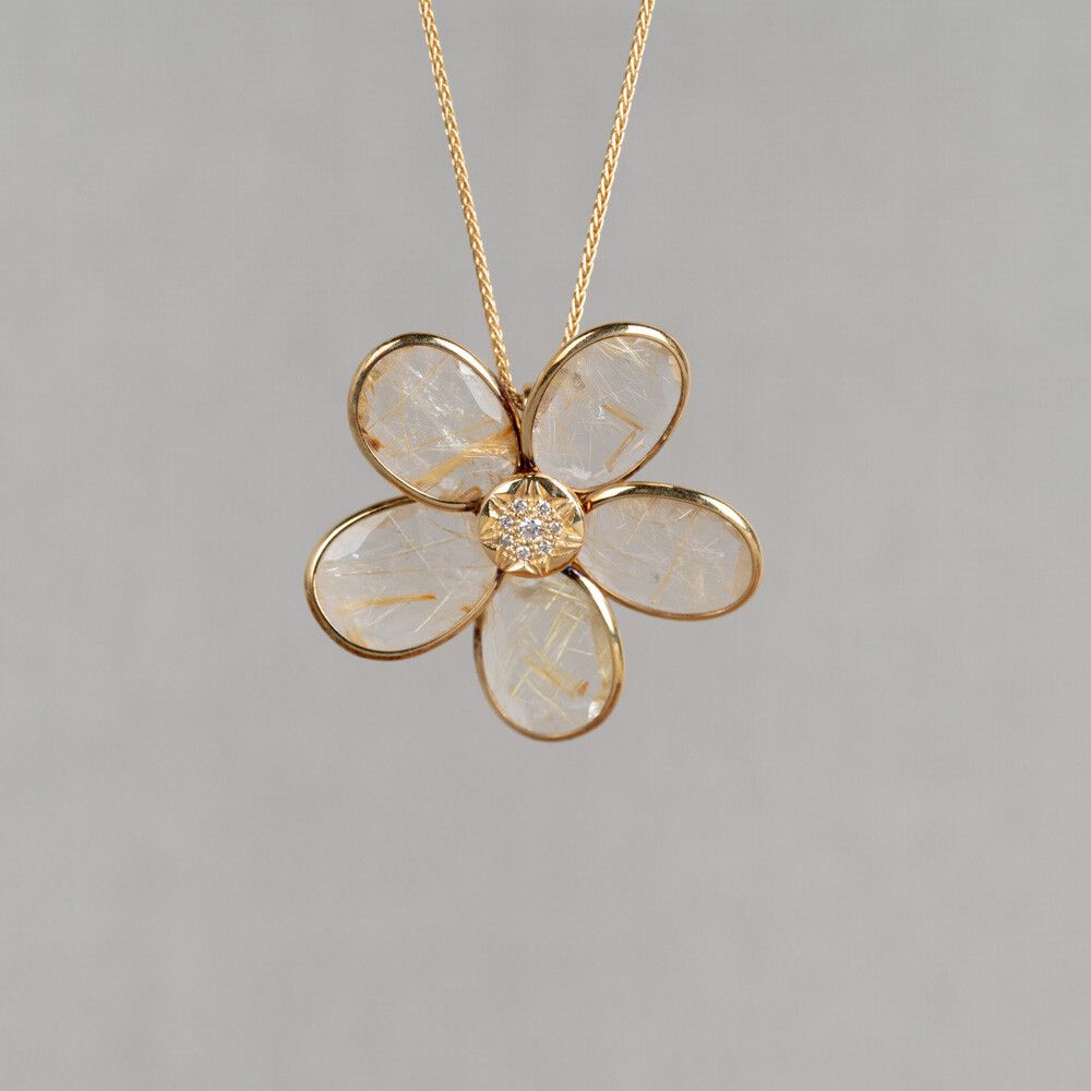 ROCKY | Halskette G14K + Rutilquarz + Diamantblume