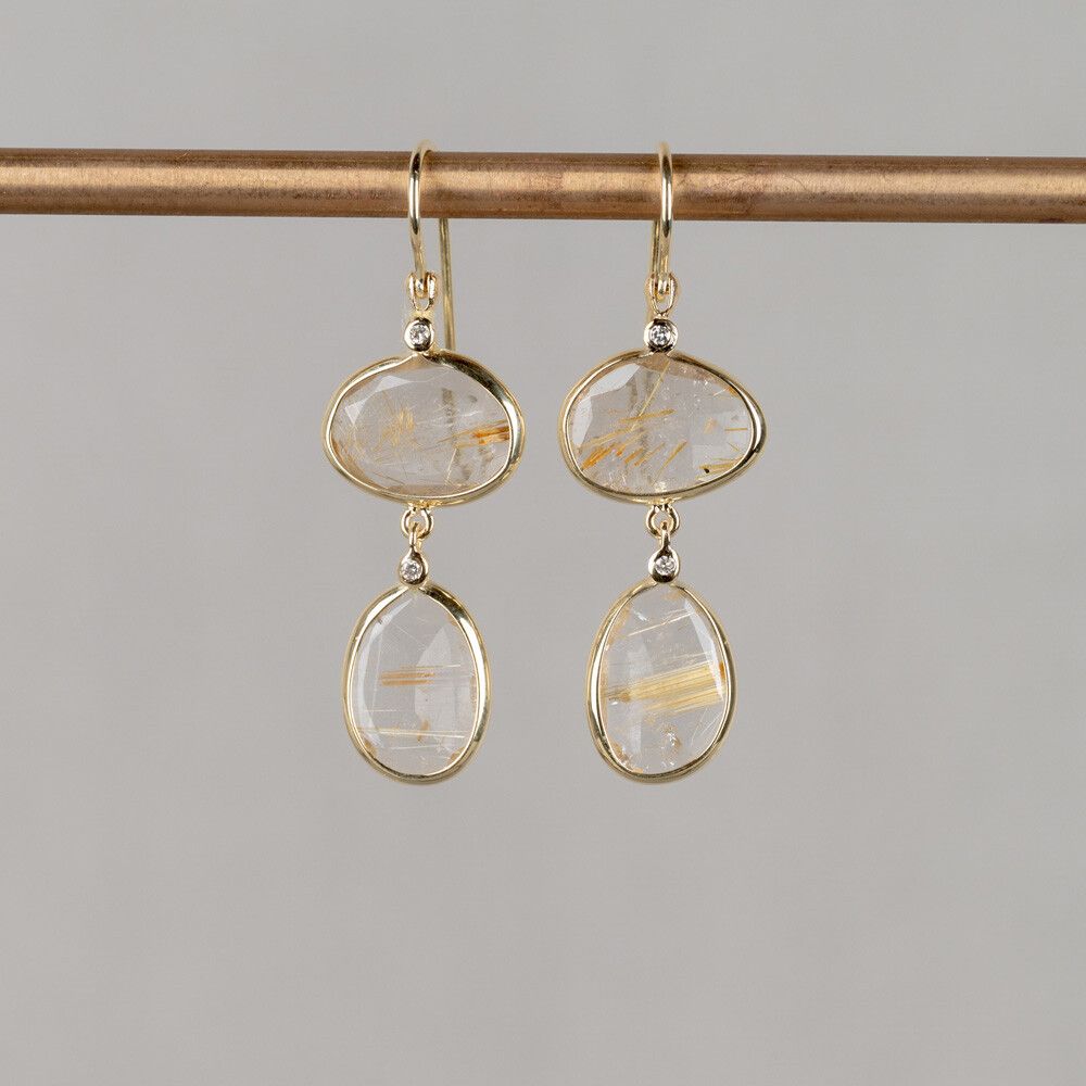 ROCKY | Ohrringe Doppelstein + Durchmesser 0,04 ct + Gold-Rutilquarz