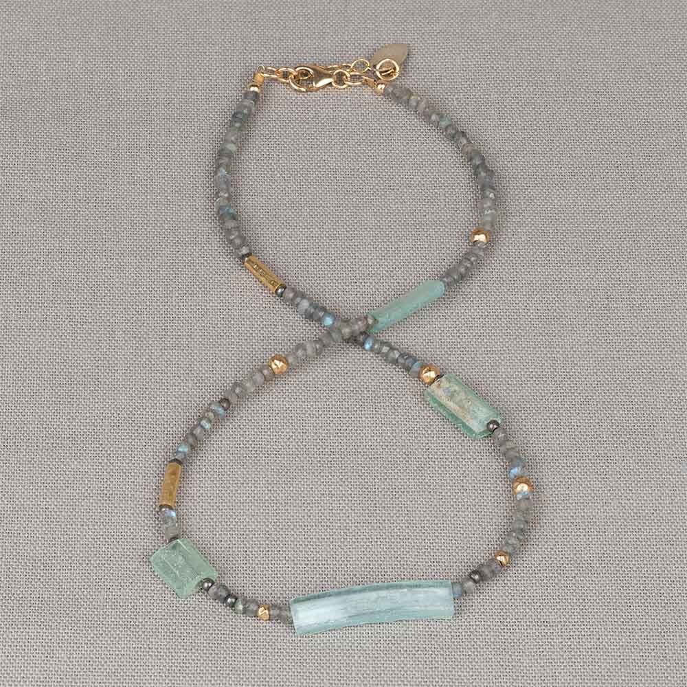 Halskette Goldfilled + Labradorit + Römisches Glas