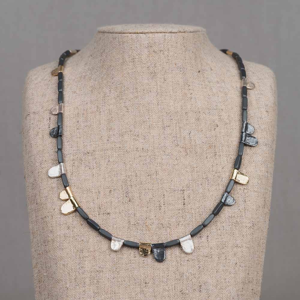 Halskette natürlicher Hämatit + Silberklappen + Goldfilled