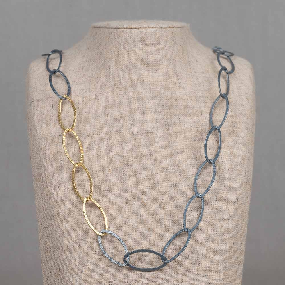 Halskette Navette Silber Oxy + vergoldet 65 cm