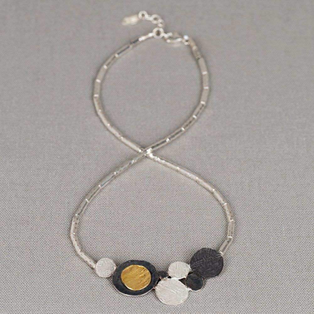 Halskette Tubes Kreise Silber + Oxy + vergoldet