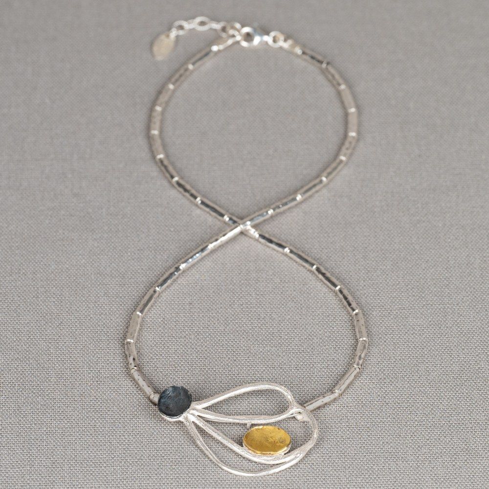 Halskette Tubes Blattwerk Silber + Oxy + vergoldet