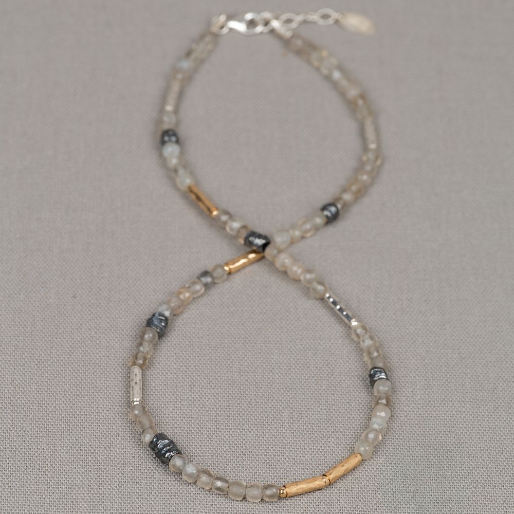 Halskette Silber Oxy + Goldfilled + grauer Mondstein