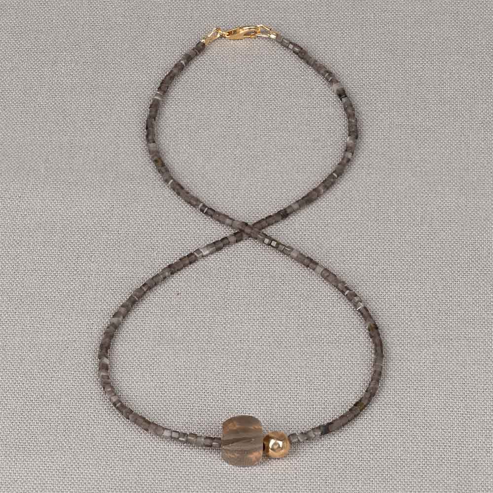 Halskette Duo Edelsteine Silber Obsidian + Rauchquarz Goldfilled