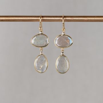 ROCKY | Oorbellen dubbele steen + dia 0,04ct + Labradoriet