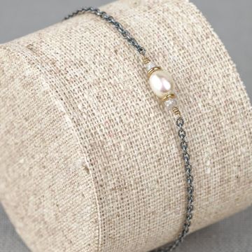 Armband zilver oxy + verguld Parel + Ruwe Diamant