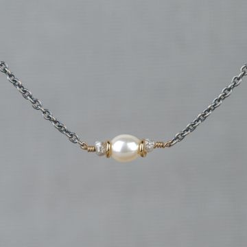 Collier zilver oxy  + verguld + Parel + Ruwe Diamant