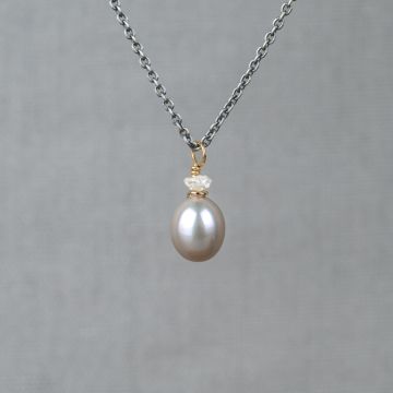 Collier zilver oxy + verguld Ruwe Diamant + Grijze Parel