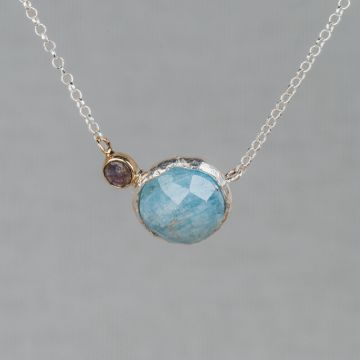 Collier zilver + magic duo Aquamarijn + Labradoriet + 9 krt