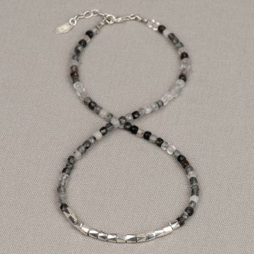 Collier Black Rutiel met rij van zilver hoekige tubes
