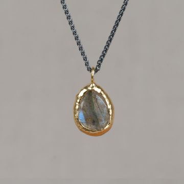 Collier zilver oxy + grote druppel verguld + Labradoriet