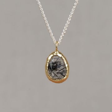 Collier zilver + grote druppel verguld + Black Rutiel