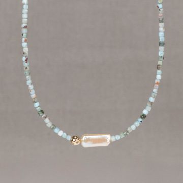 Necklace Larimar + Pearl + Goldfilled