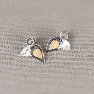 Oorknop Trio zilver + Labradoriet duo blad