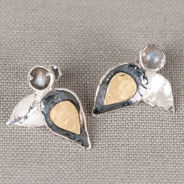Oorknop Trio zilver + Labradoriet duo blad